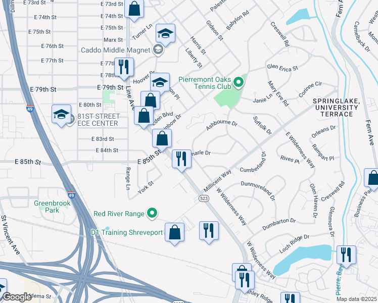 map of restaurants, bars, coffee shops, grocery stores, and more near 648 Ashbourne Drive in Shreveport
