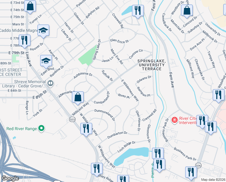 map of restaurants, bars, coffee shops, grocery stores, and more near 518 Rives Place in Shreveport