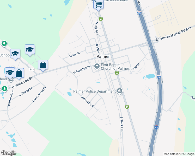 map of restaurants, bars, coffee shops, grocery stores, and more near 204 West Lamar Street in Palmer
