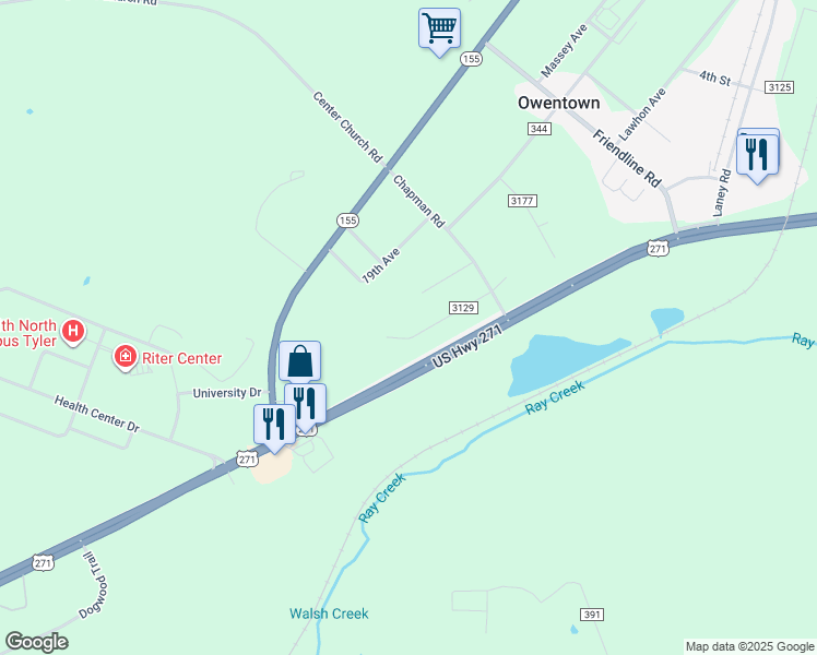 map of restaurants, bars, coffee shops, grocery stores, and more near 12417 18th Avenue in Tyler
