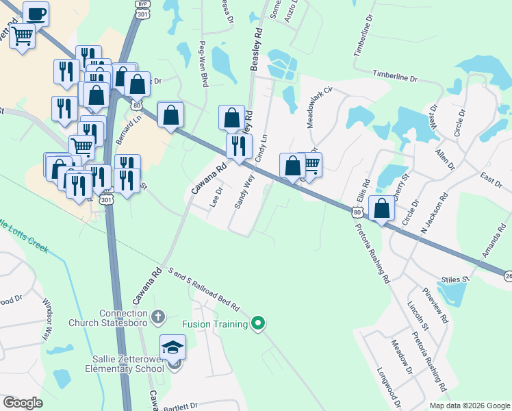 map of restaurants, bars, coffee shops, grocery stores, and more near 110 Sandy Way in Statesboro