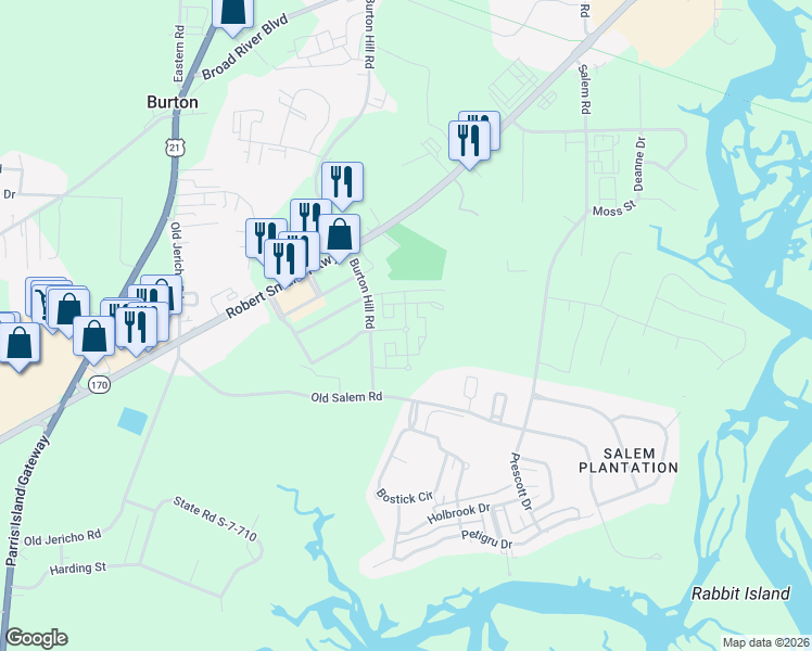 map of restaurants, bars, coffee shops, grocery stores, and more near Burton Hill Road in Beaufort
