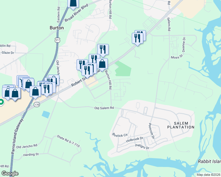 map of restaurants, bars, coffee shops, grocery stores, and more near Burton Hill Road in Beaufort