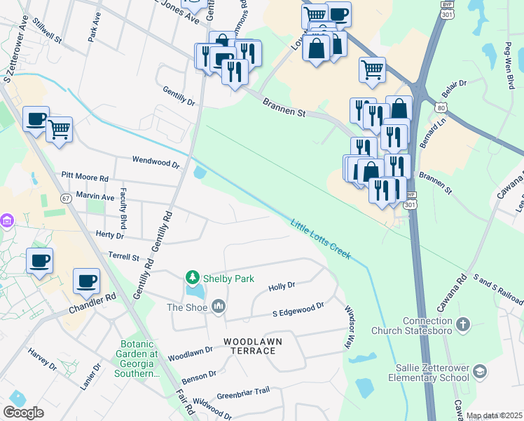 map of restaurants, bars, coffee shops, grocery stores, and more near 317 Rogers Road in Statesboro