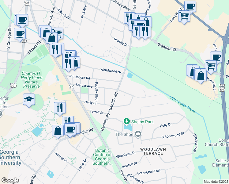 map of restaurants, bars, coffee shops, grocery stores, and more near 606 Marvin Avenue in Statesboro