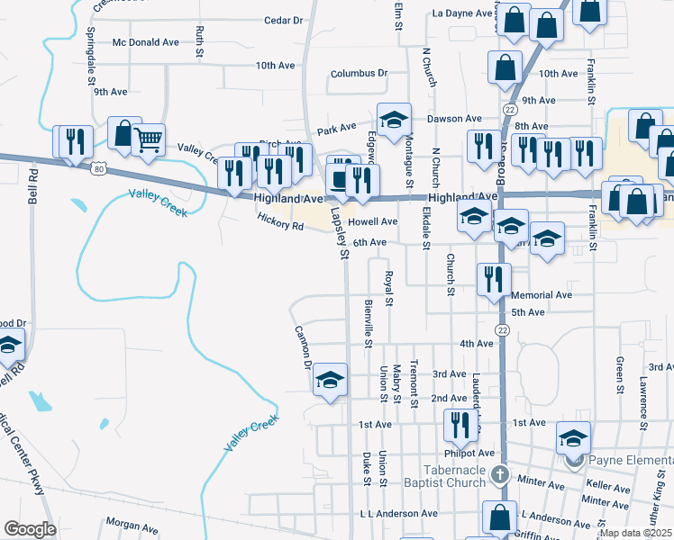 map of restaurants, bars, coffee shops, grocery stores, and more near 2105 Summerfield Road in Selma