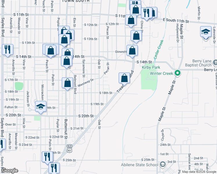 map of restaurants, bars, coffee shops, grocery stores, and more near 801 South 17th Street in Abilene