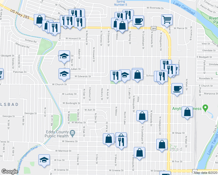 map of restaurants, bars, coffee shops, grocery stores, and more near 710 North Ash Street in Carlsbad