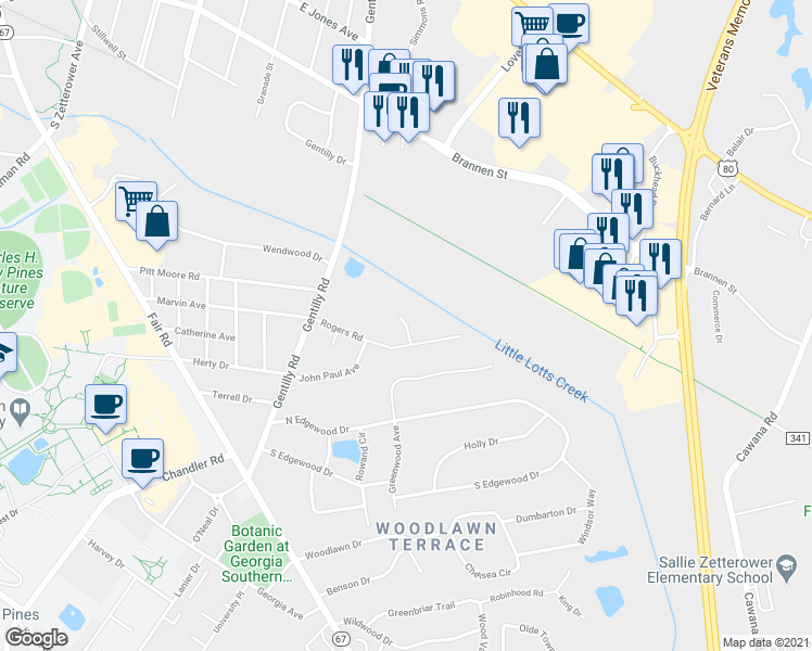 map of restaurants, bars, coffee shops, grocery stores, and more near 104 Green Tree Court in Statesboro