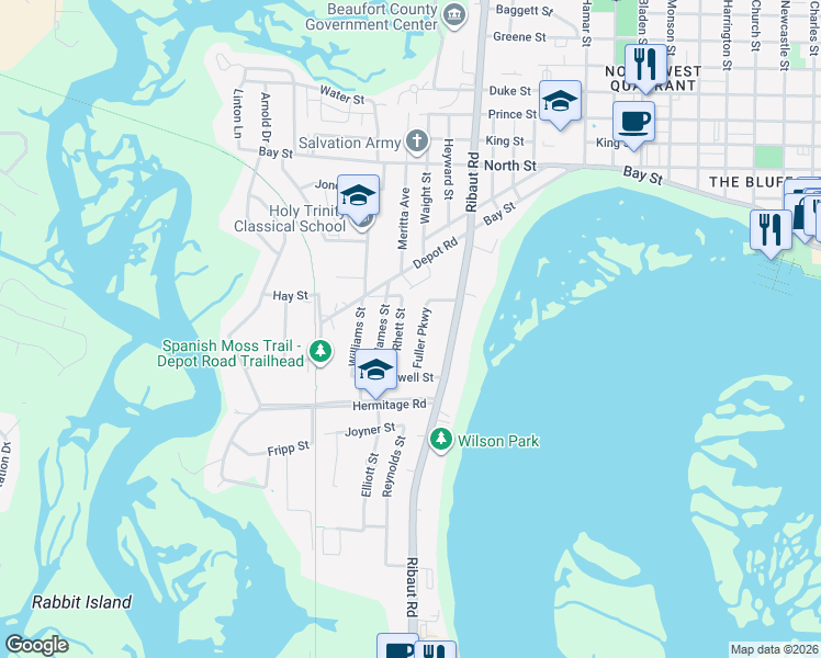 map of restaurants, bars, coffee shops, grocery stores, and more near 162 Fuller Parkway in Beaufort
