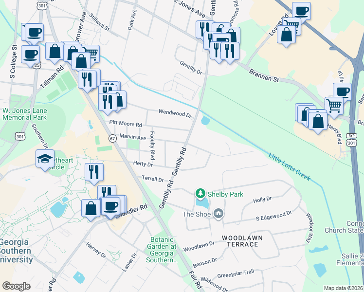 map of restaurants, bars, coffee shops, grocery stores, and more near 804 Gentilly Road in Statesboro