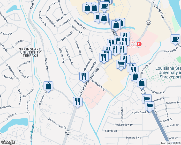 map of restaurants, bars, coffee shops, grocery stores, and more near 1519 Garland Place in Shreveport