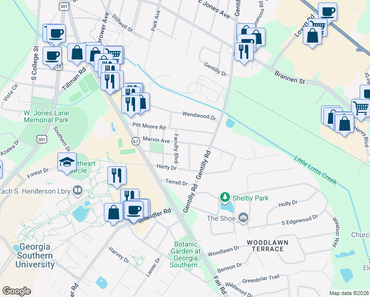 map of restaurants, bars, coffee shops, grocery stores, and more near 214 Henderson Street in Statesboro