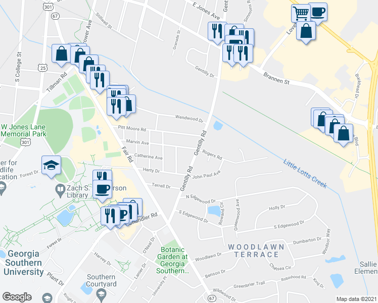 map of restaurants, bars, coffee shops, grocery stores, and more near 606 Marvin Avenue in Statesboro