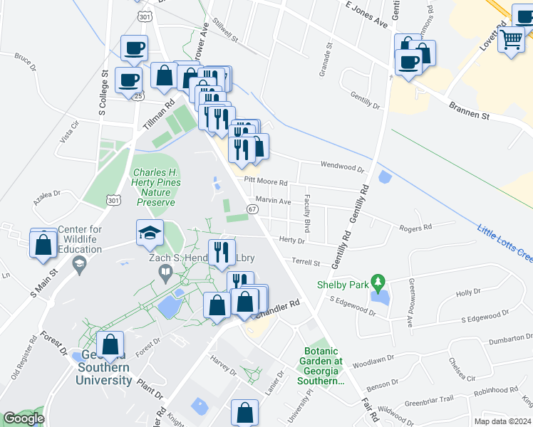 map of restaurants, bars, coffee shops, grocery stores, and more near in Statesboro
