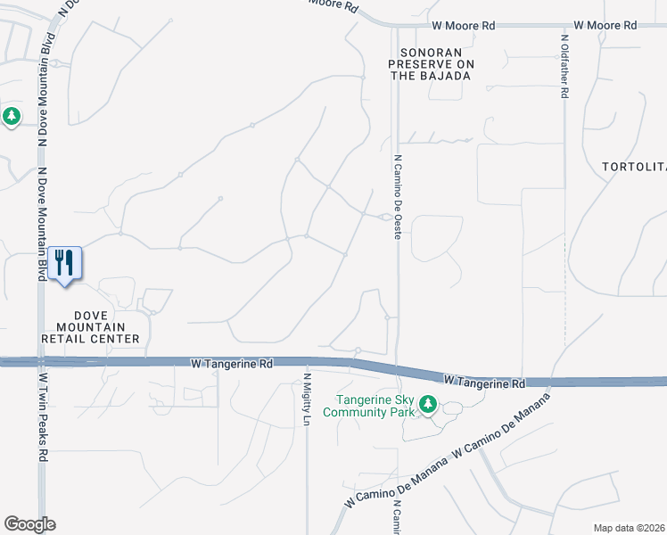 map of restaurants, bars, coffee shops, grocery stores, and more near 12218 North Meditation Drive in Marana