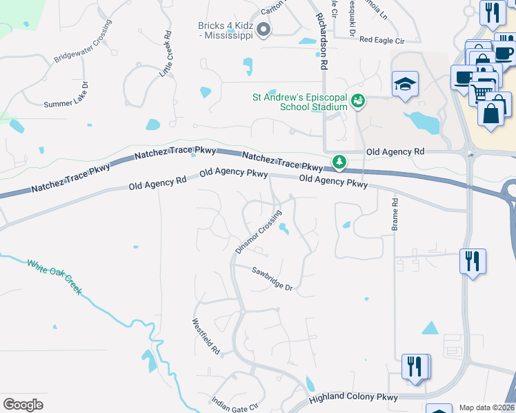map of restaurants, bars, coffee shops, grocery stores, and more near 103 Arbor Ridge Road in Ridgeland
