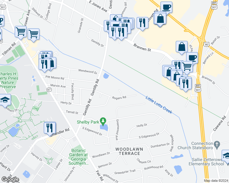map of restaurants, bars, coffee shops, grocery stores, and more near 105 Green Tree Court in Statesboro