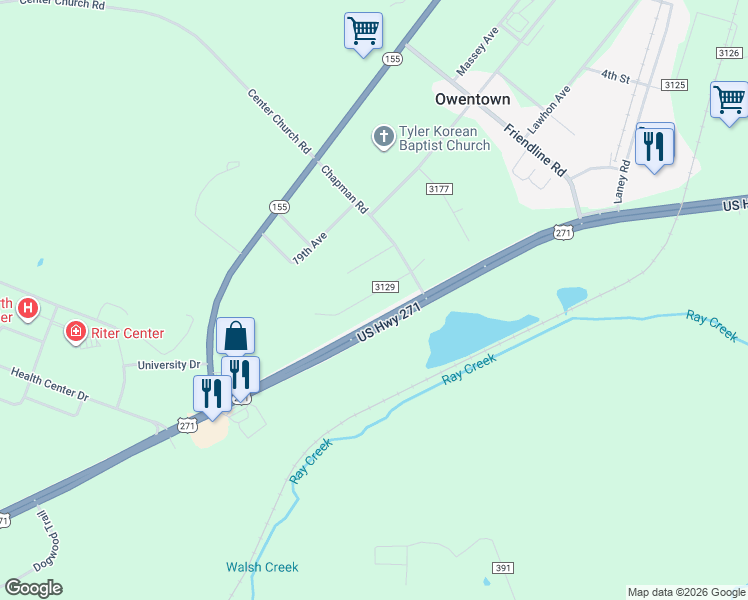 map of restaurants, bars, coffee shops, grocery stores, and more near 12496 18th Avenue in Tyler