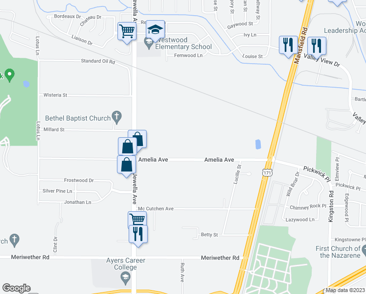 map of restaurants, bars, coffee shops, grocery stores, and more near 2400 Amelia Avenue in Shreveport