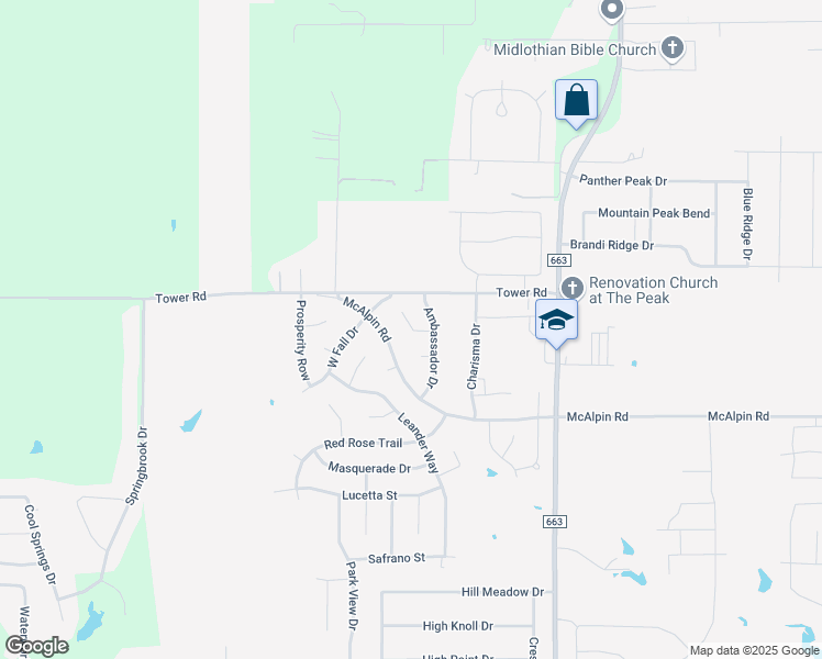 map of restaurants, bars, coffee shops, grocery stores, and more near 1117 Kardinal Court in Midlothian