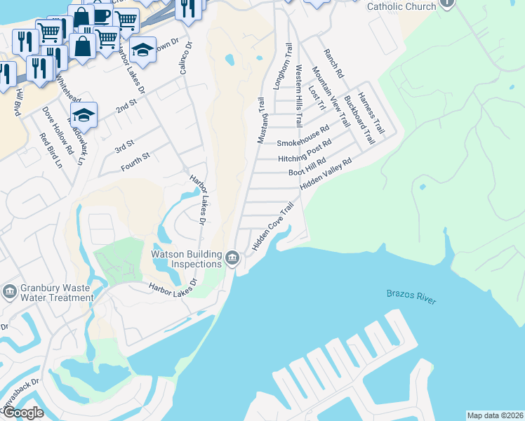 map of restaurants, bars, coffee shops, grocery stores, and more near 1712 Wagon Wheel Road in Granbury