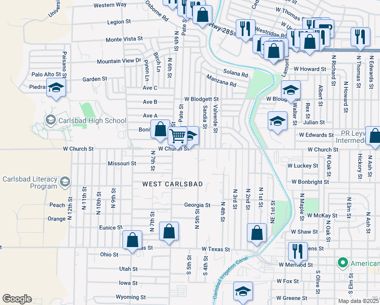 map of restaurants, bars, coffee shops, grocery stores, and more near 2107 West Church Street in Carlsbad