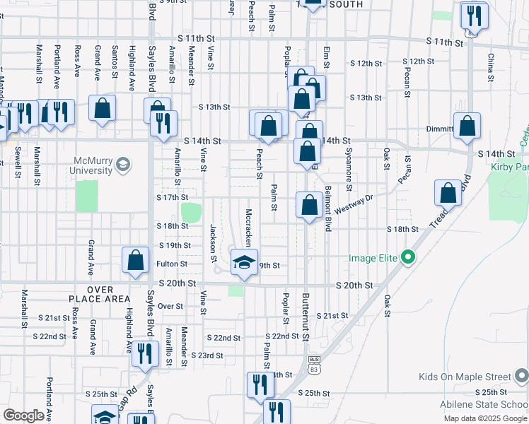 map of restaurants, bars, coffee shops, grocery stores, and more near 1733 Peach Street in Abilene
