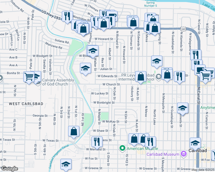 map of restaurants, bars, coffee shops, grocery stores, and more near 711 North Olive Street in Carlsbad