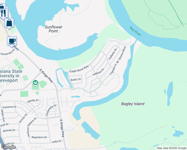 map of restaurants, bars, coffee shops, grocery stores, and more near 123 Hallette Drive in Shreveport