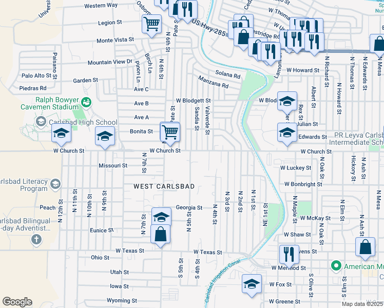 map of restaurants, bars, coffee shops, grocery stores, and more near 2107 West Church Street in Carlsbad
