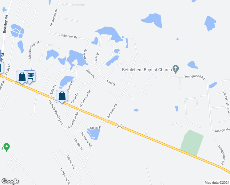 map of restaurants, bars, coffee shops, grocery stores, and more near 103 Maple Drive in Statesboro