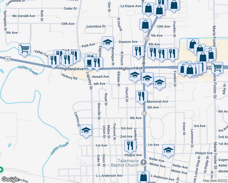 map of restaurants, bars, coffee shops, grocery stores, and more near 2106 Forrest Street in Selma