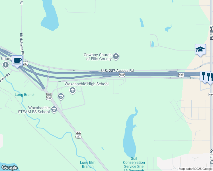 map of restaurants, bars, coffee shops, grocery stores, and more near U.S. 287 Access Road in Waxahachie