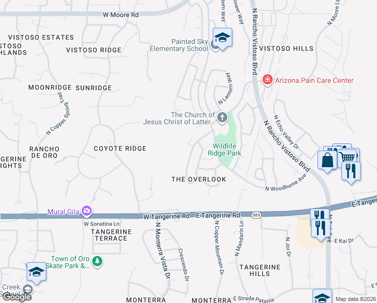 map of restaurants, bars, coffee shops, grocery stores, and more near 12243 North Kylene Canyon Drive in Oro Valley