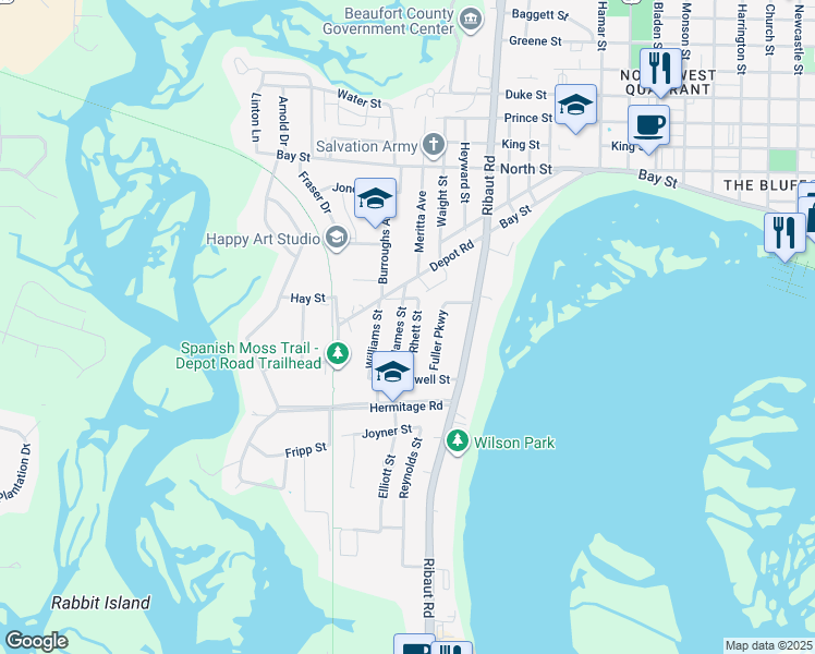 map of restaurants, bars, coffee shops, grocery stores, and more near 167 James St in Beaufort