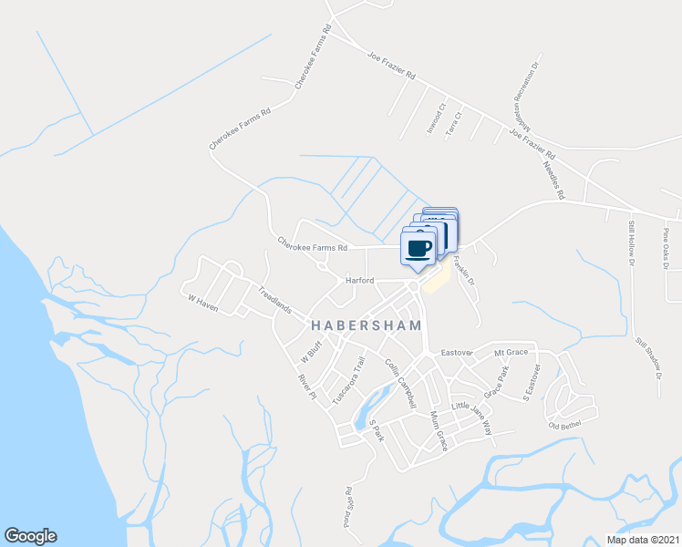 map of restaurants, bars, coffee shops, grocery stores, and more near 58 Harford in Beaufort