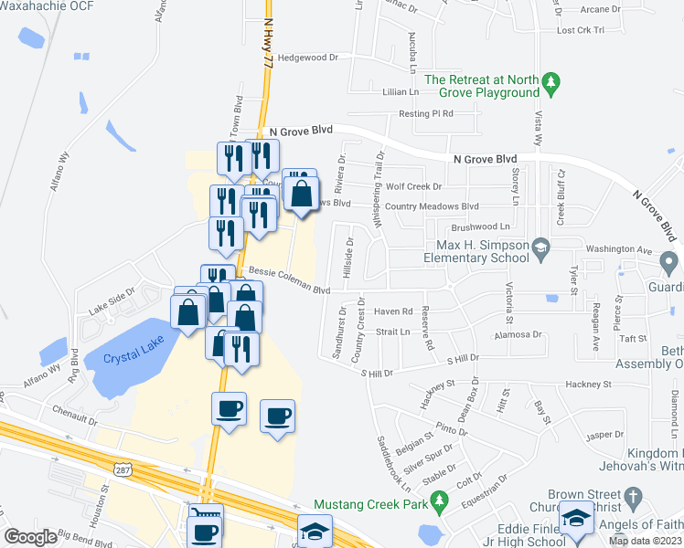 map of restaurants, bars, coffee shops, grocery stores, and more near 1615 Hillside Drive in Waxahachie