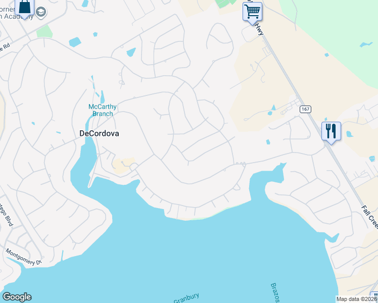map of restaurants, bars, coffee shops, grocery stores, and more near 5709 Cortez Drive in Granbury
