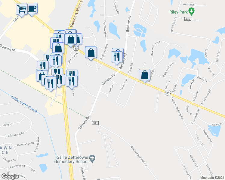 map of restaurants, bars, coffee shops, grocery stores, and more near 204 Lee Drive in Statesboro