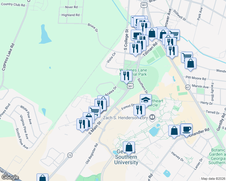 map of restaurants, bars, coffee shops, grocery stores, and more near 299 Azalea Drive in Statesboro