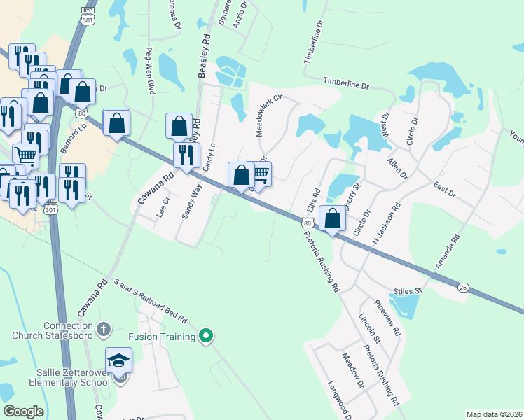 map of restaurants, bars, coffee shops, grocery stores, and more near 23409 U.S. 80 in Statesboro