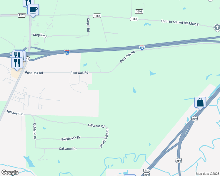 map of restaurants, bars, coffee shops, grocery stores, and more near 1503 Post Oak Road in Kilgore