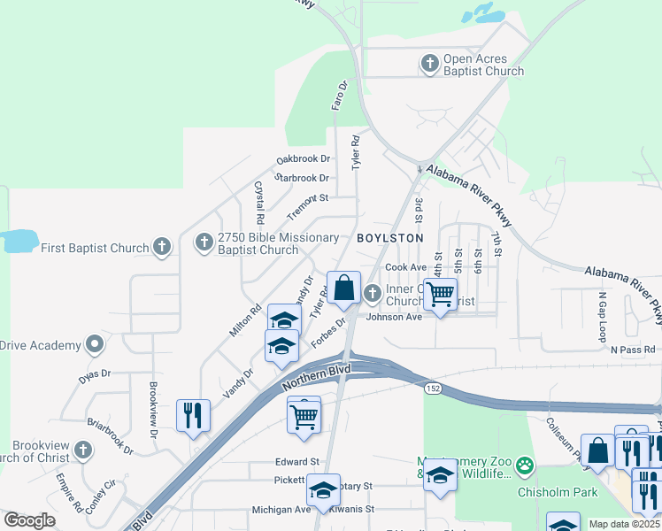 map of restaurants, bars, coffee shops, grocery stores, and more near 3007 Tyler Road in Montgomery