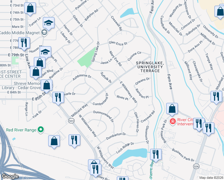 map of restaurants, bars, coffee shops, grocery stores, and more near 518 Rives Pl in Shreveport
