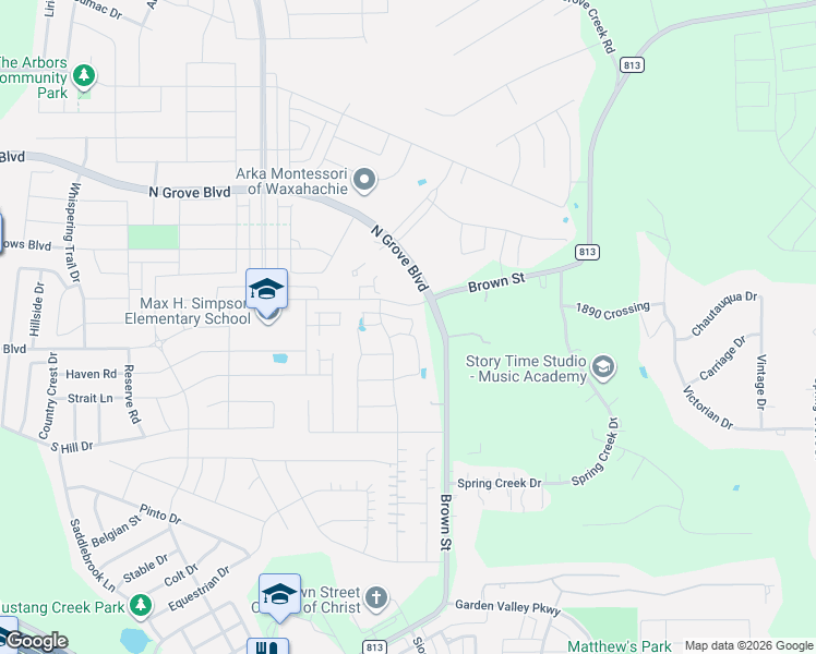 map of restaurants, bars, coffee shops, grocery stores, and more near 1582 Harrison Circle in Waxahachie