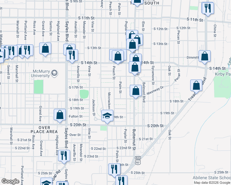 map of restaurants, bars, coffee shops, grocery stores, and more near 1733 Peach Street in Abilene