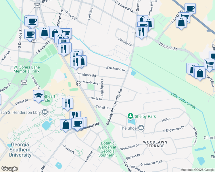 map of restaurants, bars, coffee shops, grocery stores, and more near 214 Henderson Street in Statesboro