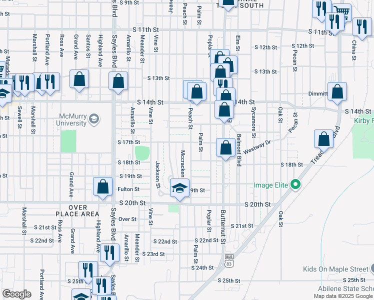 map of restaurants, bars, coffee shops, grocery stores, and more near 1733 Peach Street in Abilene