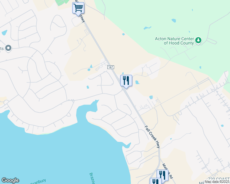 map of restaurants, bars, coffee shops, grocery stores, and more near 3608 Fairway Drive in Granbury